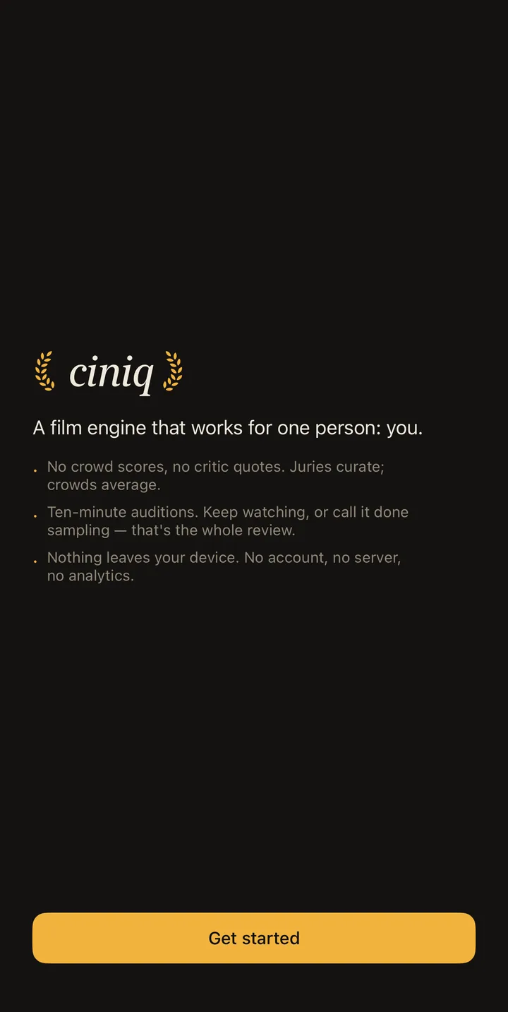 ciniq welcome screen: a film engine that works for one person: you