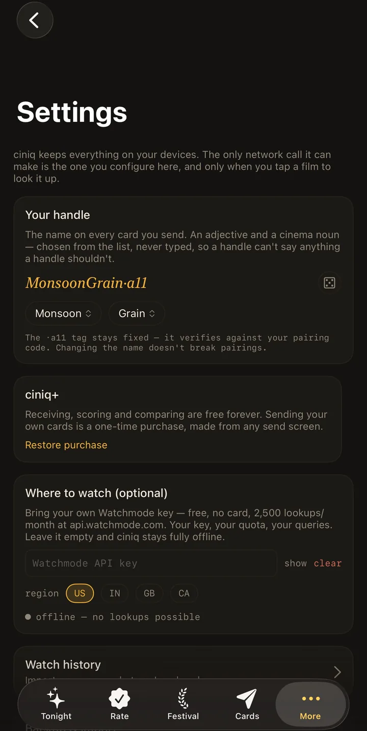 Settings: handle editor with word pickers, ciniq+ restore, optional Watchmode key, watch history, backup and import