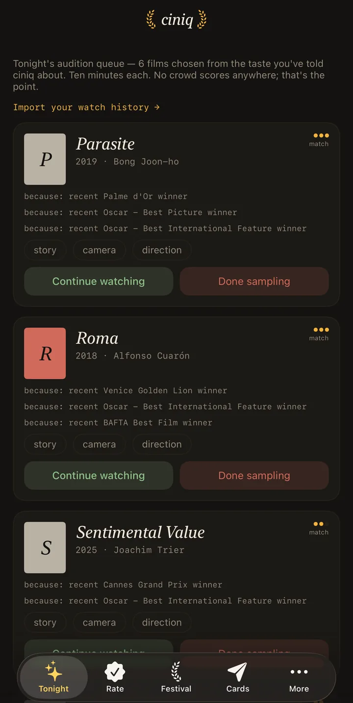 Tonight's audition queue: Parasite and Roma, each with because-lines naming its prizes, with Continue watching and Done sampling buttons